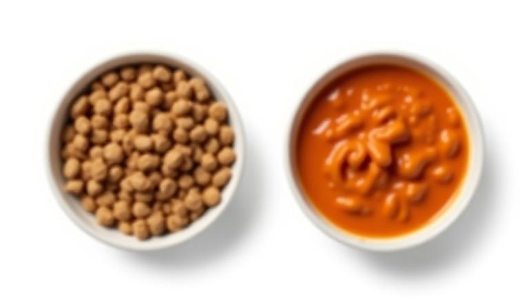 Dry kibble at wet canned dog food sa magkaibang bowl