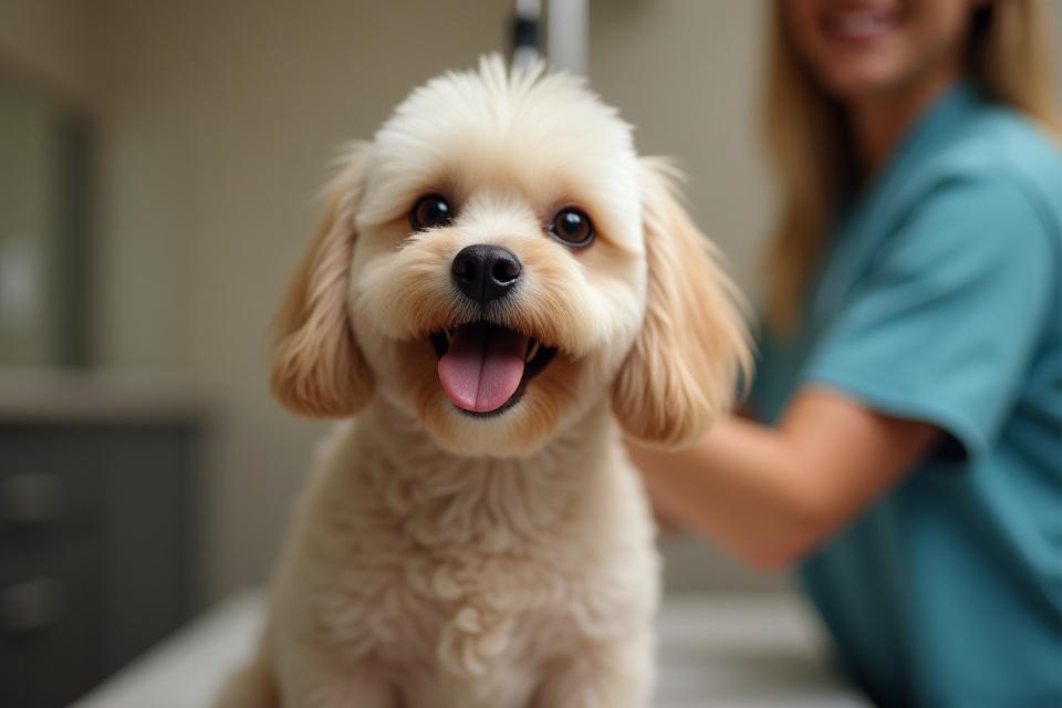 Masayang aso na ginugroom ng isang propesyonal, na nagpapakita ng kalinisan at kaginhawaan.