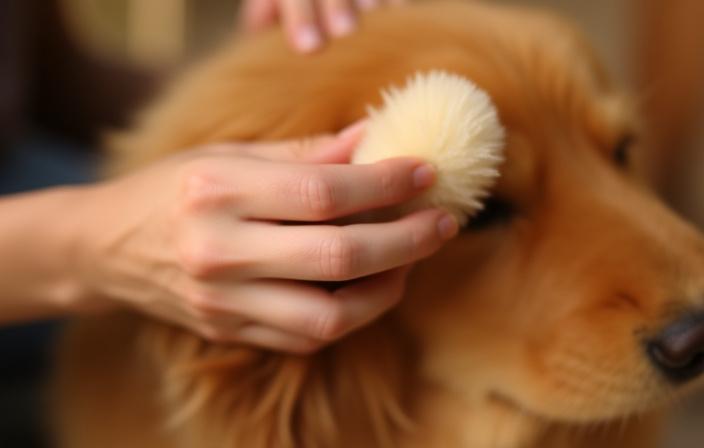 Kamay ng tao na dahan-dahang nagsisipilyo sa balahibo ng aso, nagpapakita ng bonding at pagmamahal.