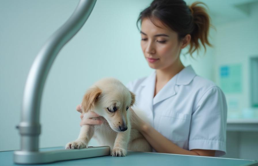 Veterinary technician examining a pet during a grooming session, checking for lumps or abnormalities.